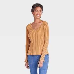 Knox Rose, Slim Fit Long Sleeve Ribbed T-Shirt Brown